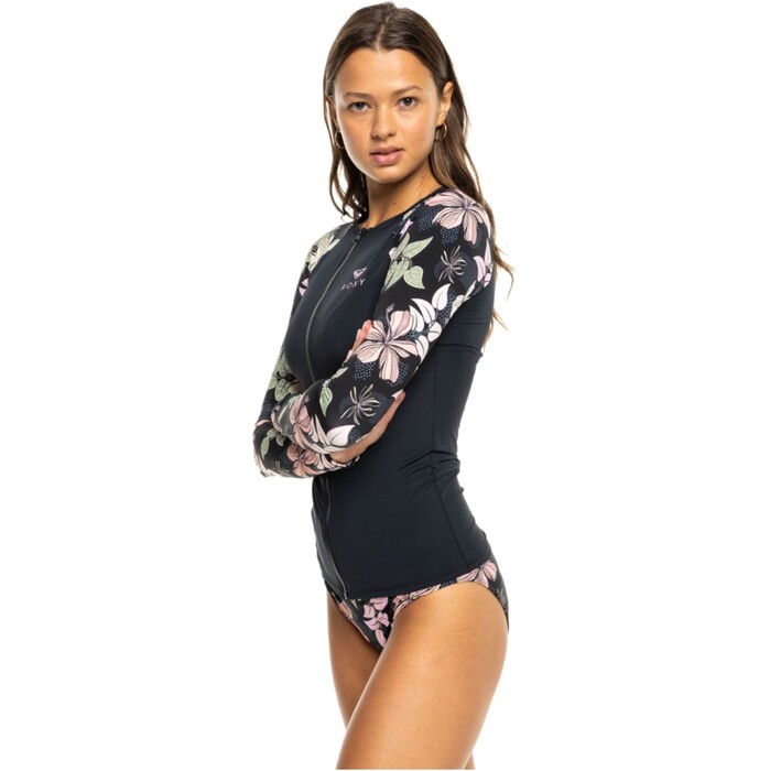 2024 Roxy Frauen Sunny Floral Long Sleeve Zip-Lycra-Weste ERJWR03779 - Anthacite Sunny Floral Swim